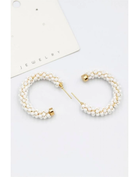 Kristal Boncuk Halka Küpe - Beyaz