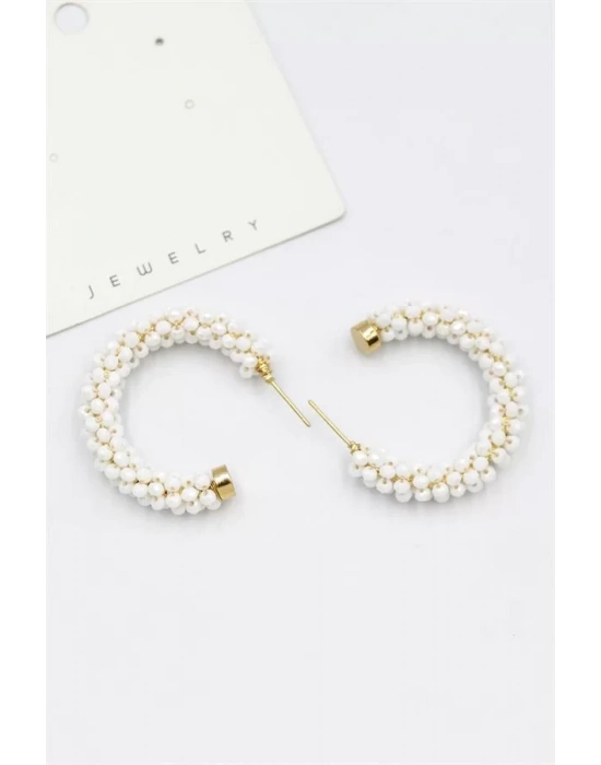 Kristal Boncuk Halka Küpe - Beyaz