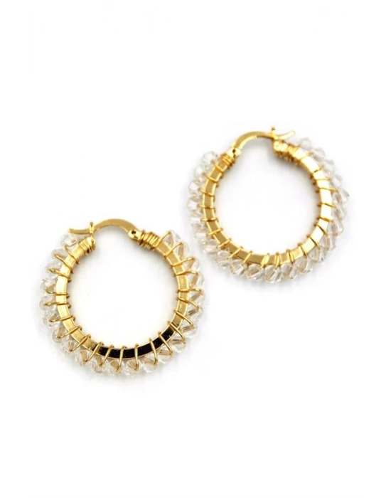 Kristal Boncuk Halka Küpe - Beyaz