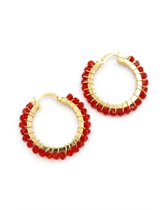 Kristal Boncuk Halka Küpe - Kırmızı