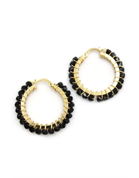 Kristal Boncuk Halka Küpe - Siyah