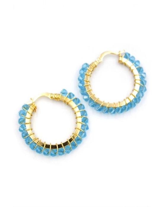 Kristal Boncuk Halka Küpe - Turkuaz