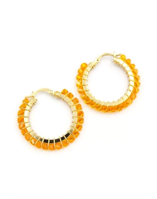 Kristal Boncuk Halka Küpe - Turuncu