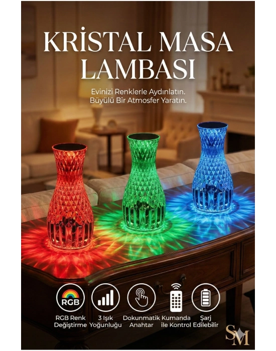 ® Kristal Masa ası Rgb Renk Değiştiren Gece ası 16 Renk Ve 4 Mod Dokunmatik Kontrol