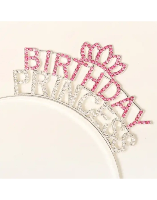 Kristal Taşlı Birthday Princess Yazılı Parti Tacı Pembe Renk