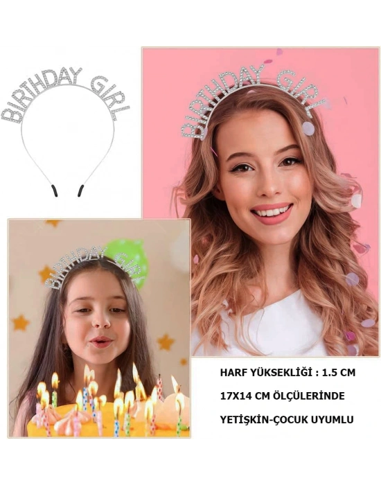 Kristal Taşlı Gümüş Birthday Girl Yazılı Doğum Günü Parti Tacı 19x11 Cm