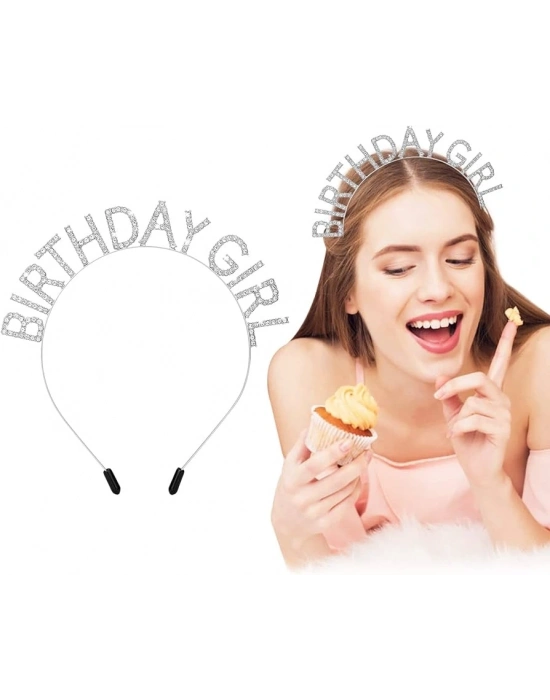 Kristal Taşlı Gümüş Birthday Girl Yazılı Doğum Günü Parti Tacı 19x11 Cm