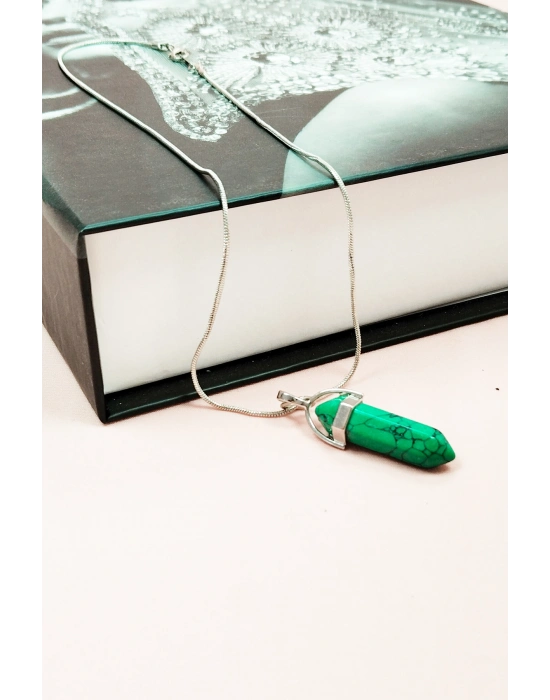 Krizopraz Doğal Taşı Zincirli El Yapımı Tasarımlı Kolye Uç: 3,5 cm Zincir: 20 cm Kutulu