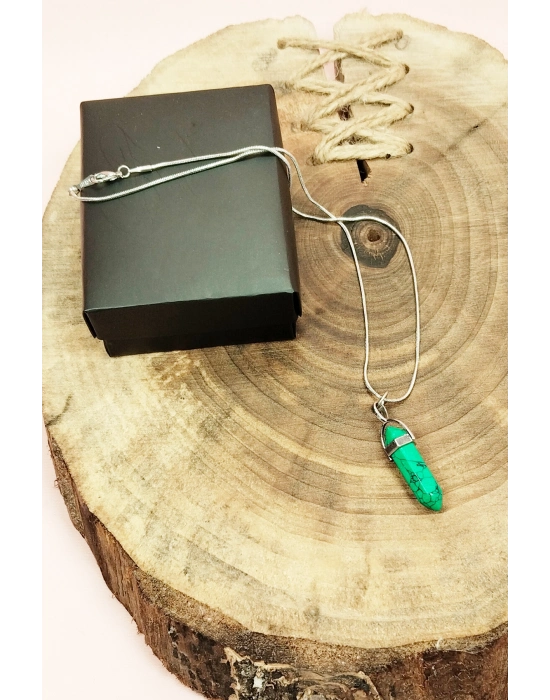 Krizopraz Doğal Taşı Zincirli El Yapımı Tasarımlı Kolye Uç: 3,5 cm Zincir: 20 cm Kutulu