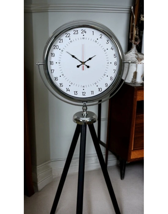 ® Krom 24 Saat Göstergeli Özel Tasarım Tripod Ayaklı Saat
