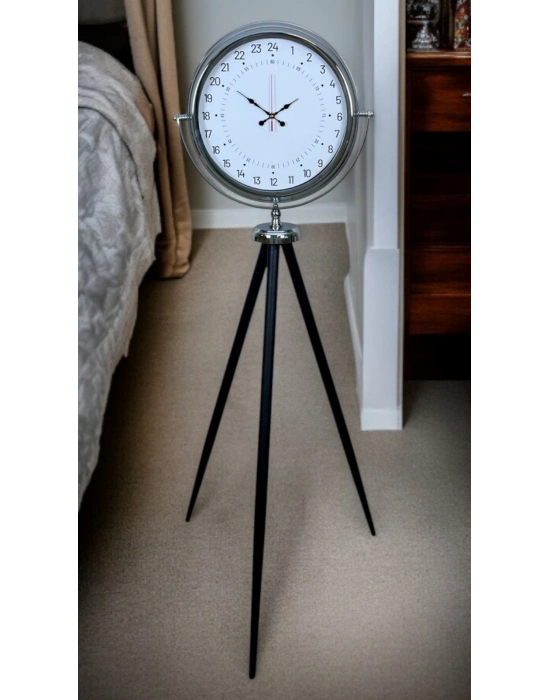 ® Krom 24 Saat Göstergeli Özel Tasarım Tripod Ayaklı Saat