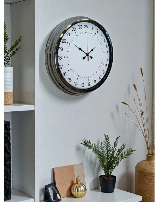® Krom 40 Cm Metal 24 Saat Göstergeli Özel Tasarım Duvar Saati