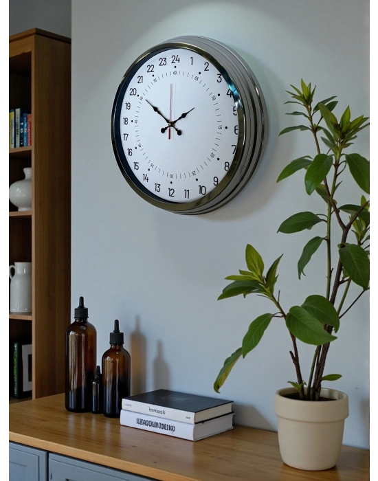 ® Krom 40 Cm Metal 24 Saat Göstergeli Özel Tasarım Duvar Saati