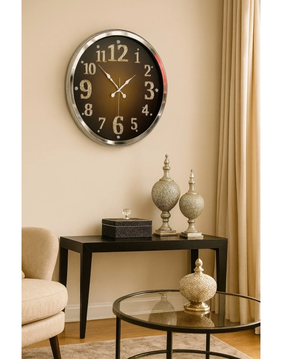 ® Krom Işıltılı Zaman 52 Cm Metal Duvar Saati