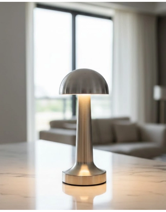 ® Krom Mantar Masa Lambası Dokunmatik 3 Renk LED Şarjlı Taşınabilir Gece Lambası