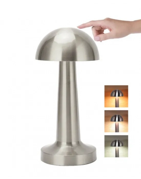 ® Krom Mantar Masa Lambası Dokunmatik 3 Renk LED Şarjlı Taşınabilir Gece Lambası