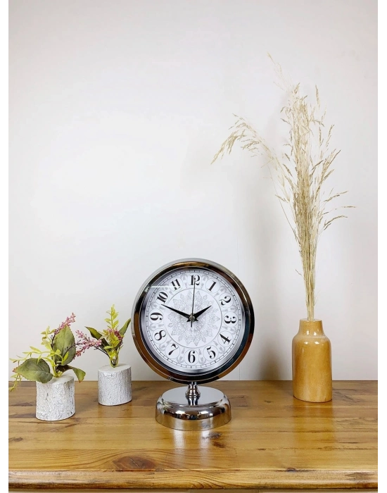 ® Krom Metal Çini Desen Masa Saati 25×20 cm