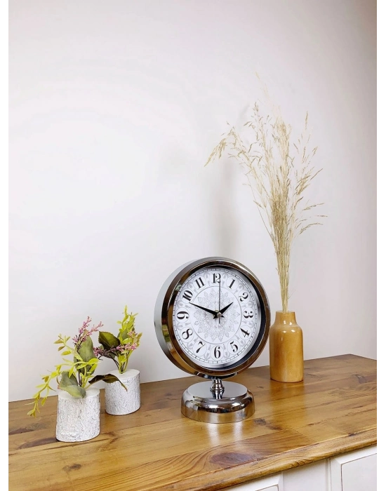 ® Krom Metal Çini Desen Masa Saati 25×20 cm
