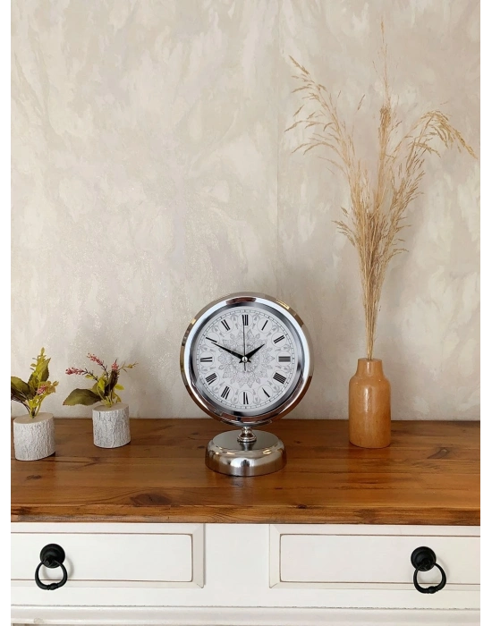 ® Krom Metal Çini Desen Roma Rakamlı Masa Saati