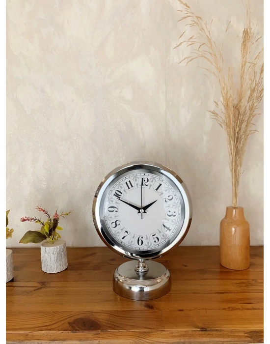 ® Krom Metal Desenli Masa Saati 25×20 cm