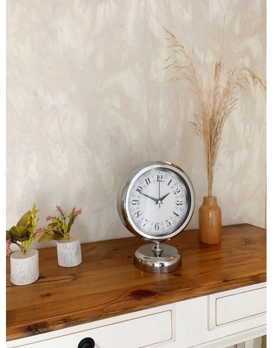 ® Krom Metal Desenli Masa Saati 25×20 cm