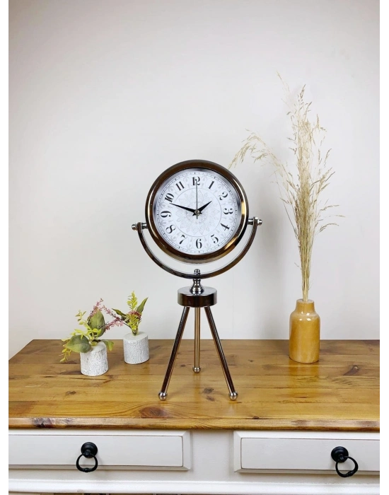 ® Krom Metal Mini Tripod Çini Desen Masa Saati 45×26 cm