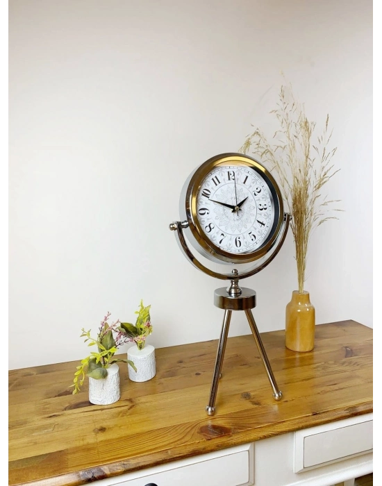 ® Krom Metal Mini Tripod Çini Desen Masa Saati 45×26 cm