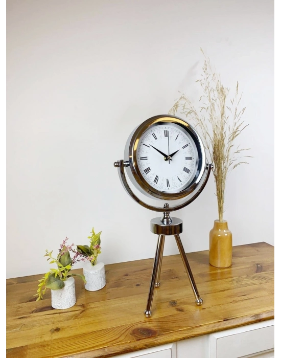 ® Krom Metal Mini Tripod Desenli Roma Rakamlı Masa Saati