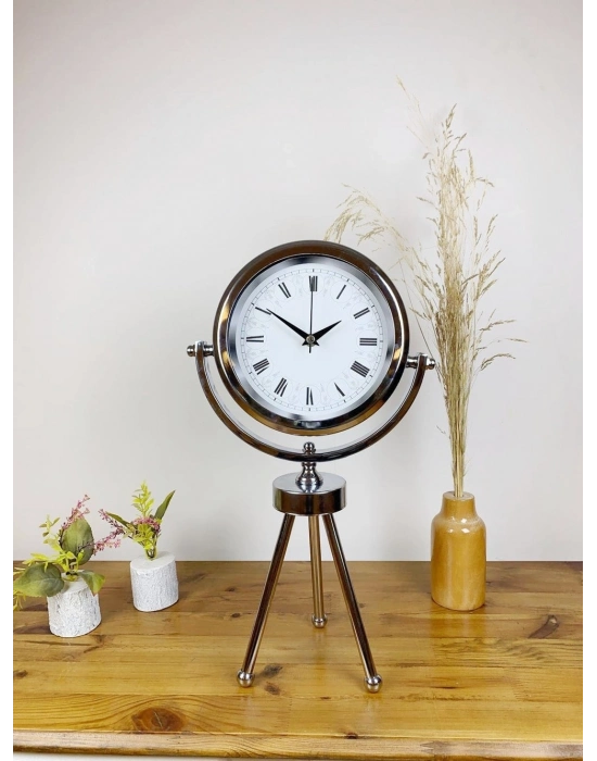 ® Krom Metal Mini Tripod Desenli Roma Rakamlı Masa Saati