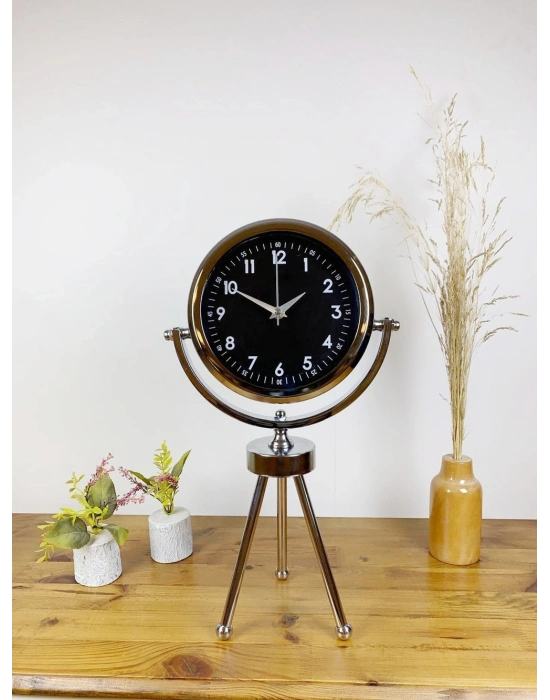 ® Krom Metal Mini Tripod Gece Siyahı Masa Saati 45×26 cm