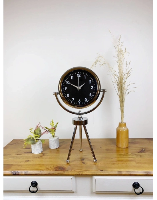 ® Krom Metal Mini Tripod Gece Siyahı Masa Saati 45×26 cm