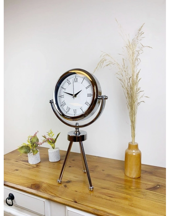 ® Krom Metal Mini Tripod Retro Masa Saati 45×26 cm
