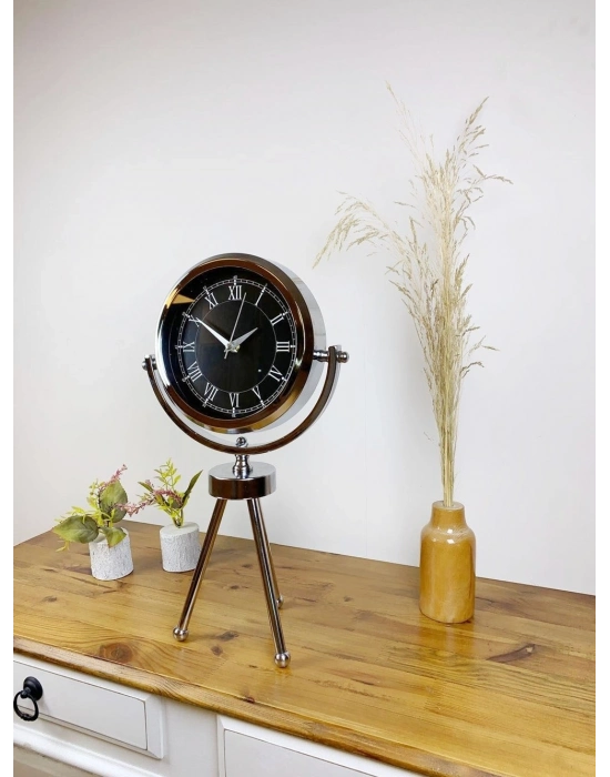 ® Krom Metal Mini Tripod Siyah Retro Masa Saati 45×26 cm