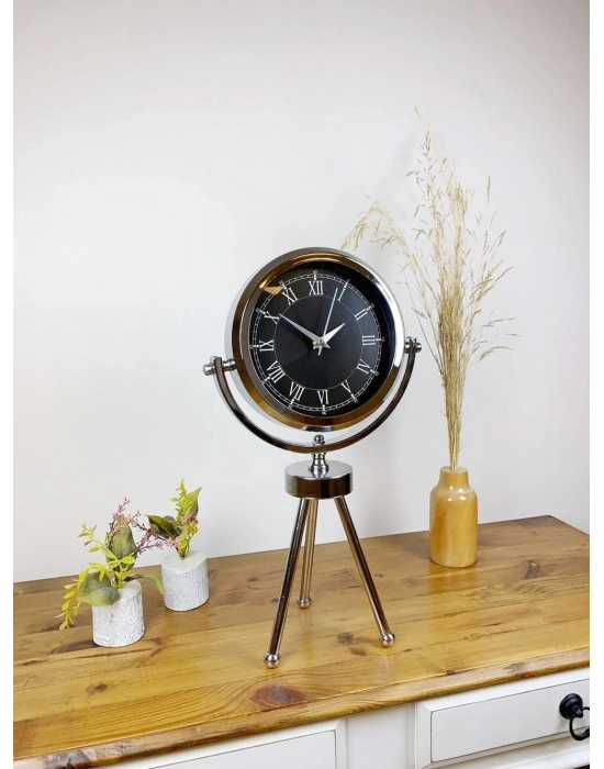 ® Krom Metal Mini Tripod Siyah Retro Masa Saati 45×26 cm
