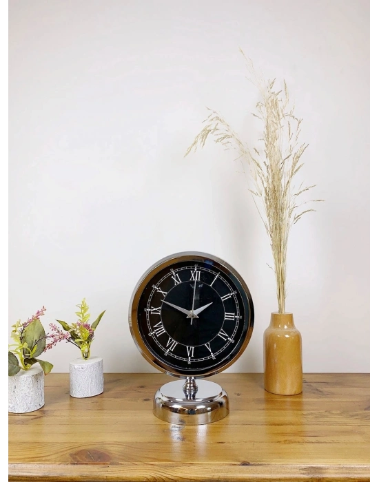 ® Krom Metal Siyah Retro Masa Saati 25×20 cm
