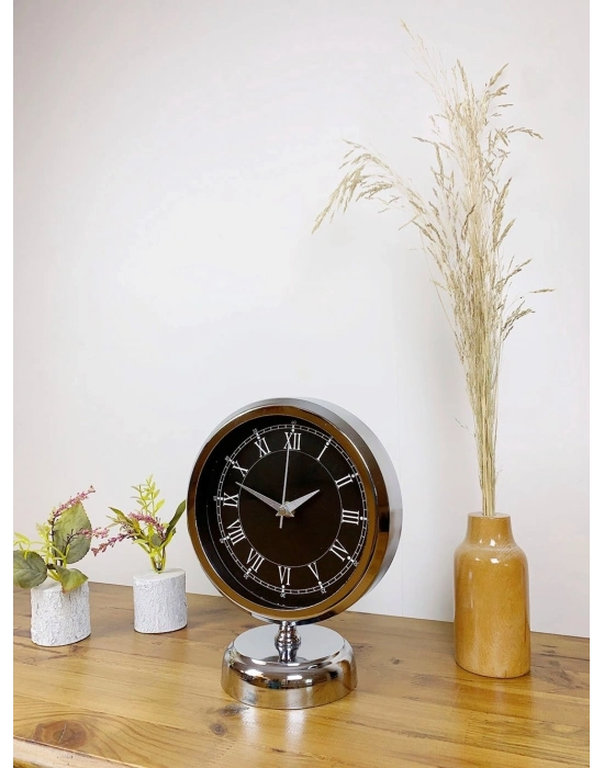 ® Krom Metal Siyah Retro Masa Saati 25×20 cm