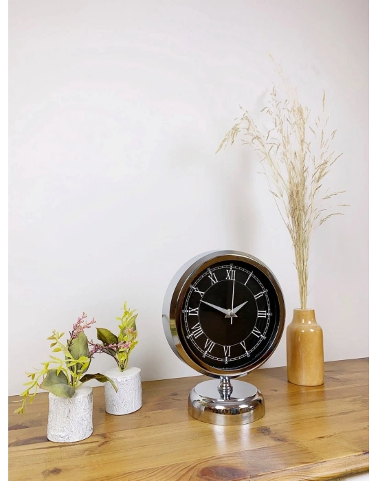 ® Krom Metal Siyah Retro Masa Saati 25×20 cm