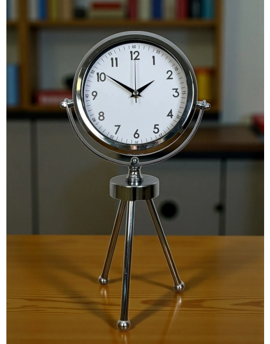® Krom Modern Classic Üç Ayaklı Metal Masa Saati