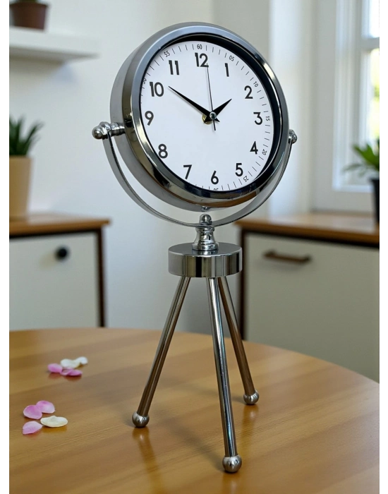 ® Krom Modern Classic Üç Ayaklı Metal Masa Saati