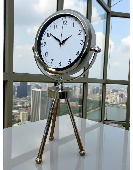 ® Krom Modern Classic Üç Ayaklı Metal Masa Saati