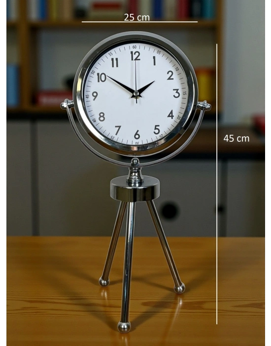 ® Krom Modern Classic Üç Ayaklı Metal Masa Saati