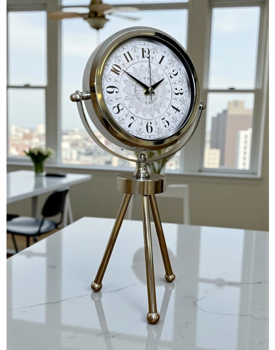 ® Krom Motif Tasarım Üç Ayaklı Metal Masa Saati