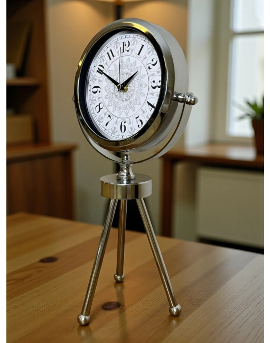 ® Krom Motif Tasarım Üç Ayaklı Metal Masa Saati