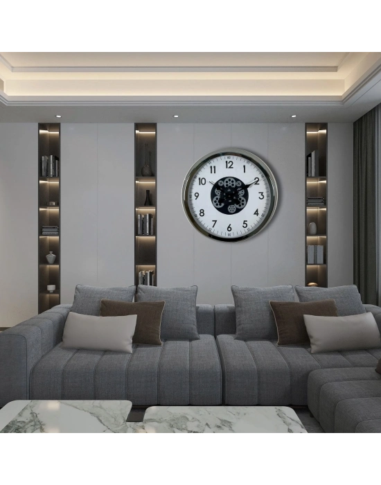 ® Krom Şıklık Sade 60 Cm Çarklı Duvar Saati