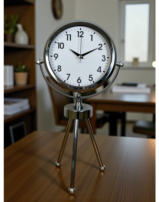 ® Krom Zarif & Şık Üç Ayaklı Metal Masa Saati