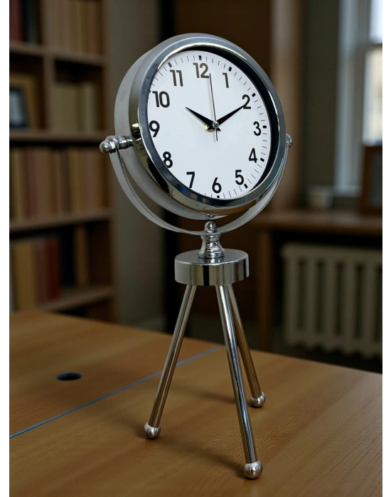 ® Krom Zarif & Şık Üç Ayaklı Metal Masa Saati