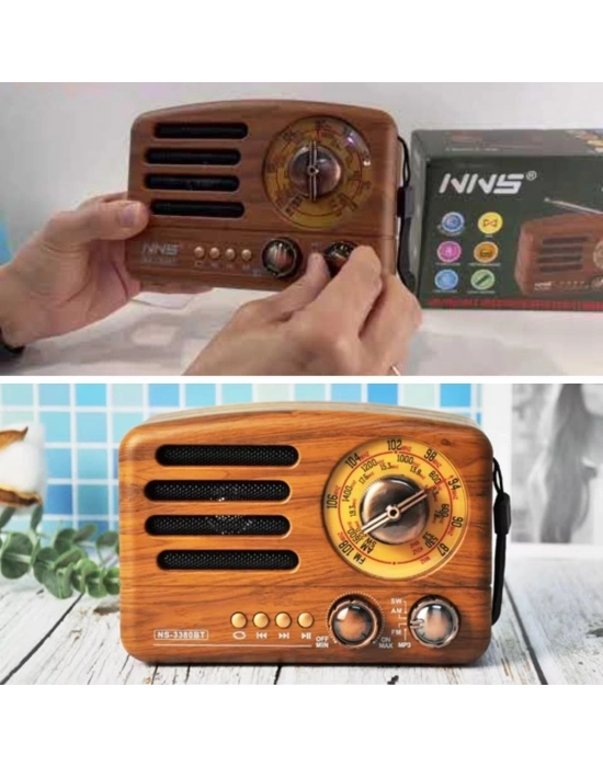 ®  Küçük Boy Retro, Nostaljik, Ahşap Tasarım Bluetooth Hoparlörlü, Şarjlı, Taşınabilir Büyük Döndürülebilen Düğmeli FM/AM Destekli Radyo NS3380