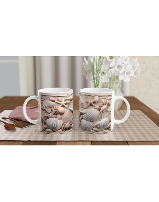 Kum Beji ve Pudra Tonlarında Deniz Kabuğu Desenli Su Altı Temalı Kupa Bardak