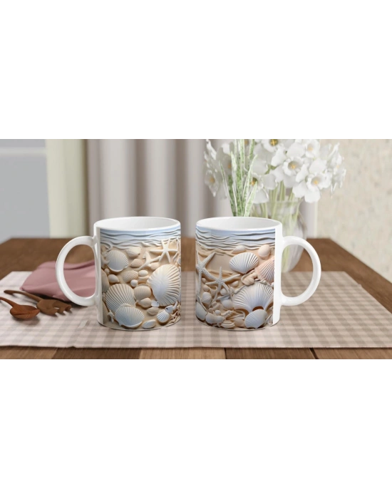 Kumsalda Deniz Yıldızları ve Kabuklar Su Altı Temalı Kupa Bardak