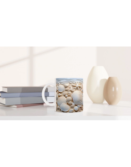 Kumsalda Deniz Yıldızları ve Kabuklar Su Altı Temalı Kupa Bardak